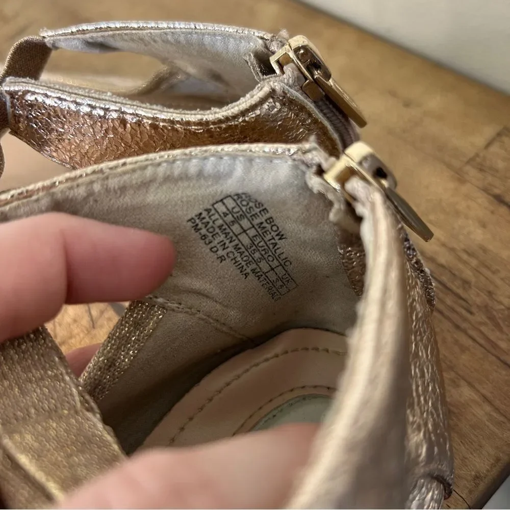 Kenneth Cole Rose Gold Metallic Ankle Strap Flats Shoes Bow Detail Girls 4.5